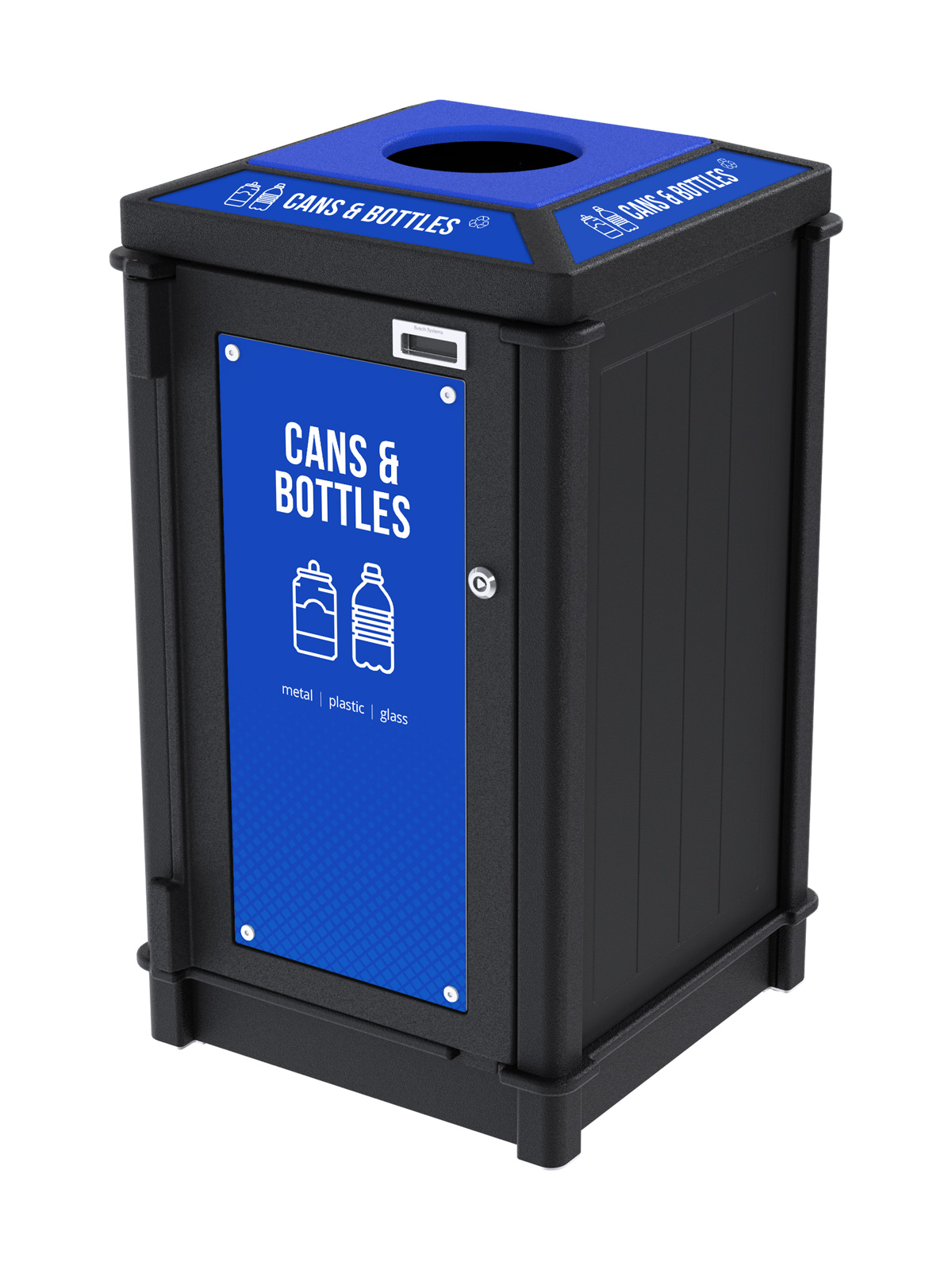 black recycled plastic recycling container with top circle opening lid for collecting cans and bottles with high impact signs and labels
