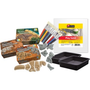 Dino Dig Party Kit, Dinosaur Excavation Activity Set with Sand, Fossil Puzzles, Trays & Brushes