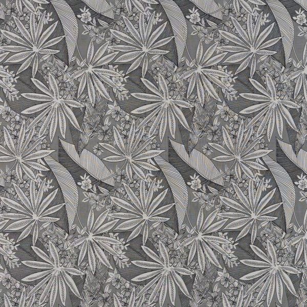 Stylized palmate leaves and small flowers (object) densely repeat and overlap (action) across a flat, grey wallpaper-like surface with fine linear shading, creating a tessellated botanical pattern (context).