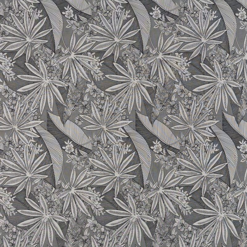 Stylized palmate leaves and small flowers (object) densely repeat and overlap (action) across a flat, grey wallpaper-like surface with fine linear shading, creating a tessellated botanical pattern (context).