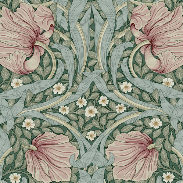 Large pale-pink stylized flowers curve outward, flanked by long blue-green ribbon-like leaves and clusters of small white blossoms, forming a symmetrical, repeating ornamental pattern on a muted green background.