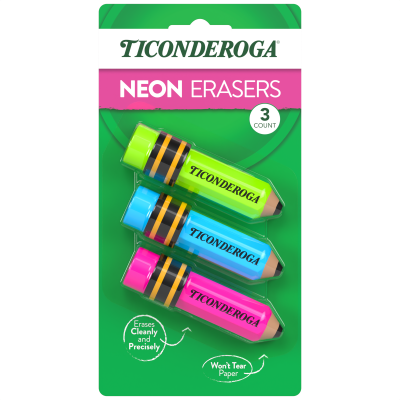 Ticonderoga Pencil Shaped Erasers, Neon, 3 Count
