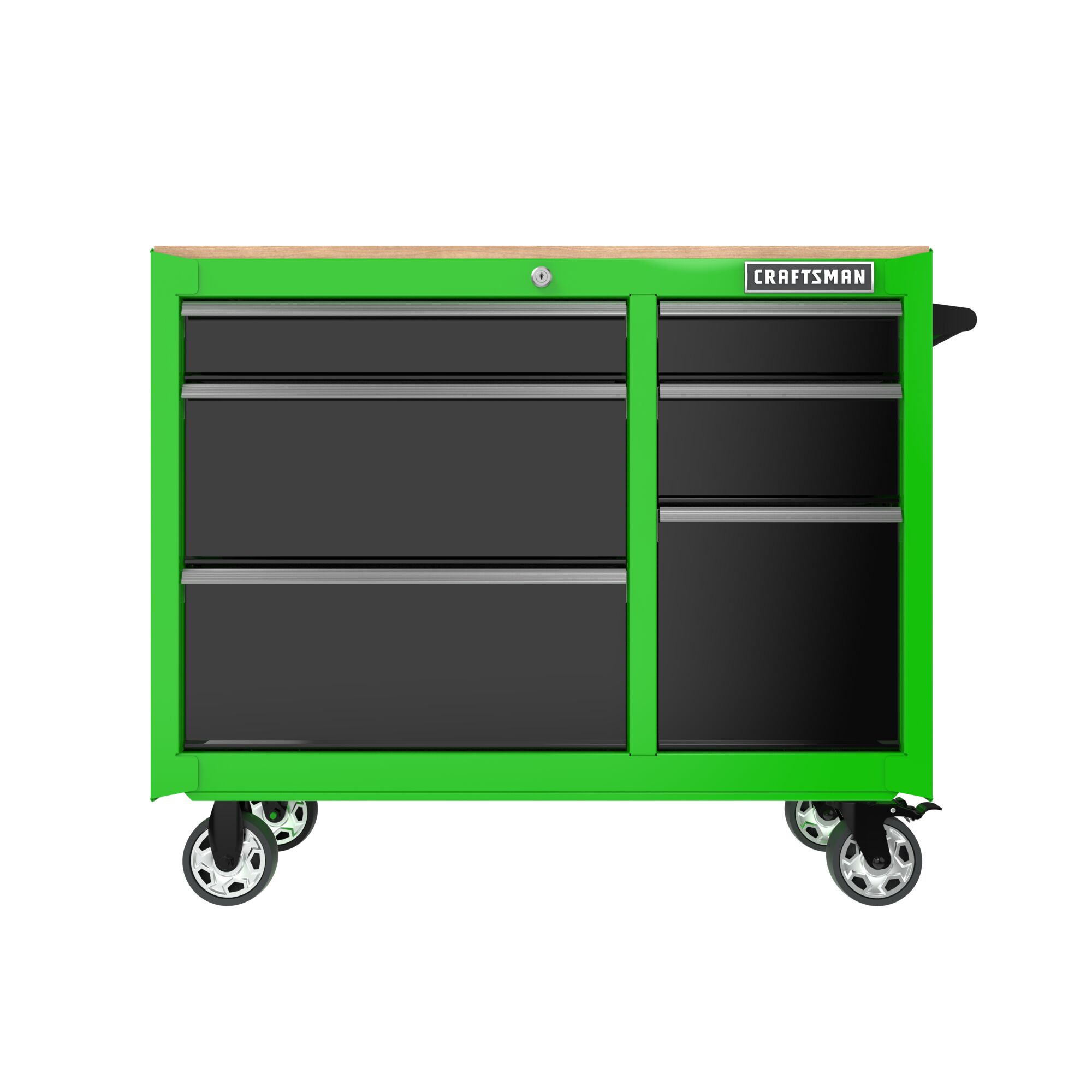 Lime green CRAFTSMAN S2000 Series 41-inch wide 6-drawer workstation with black drawers and wood top