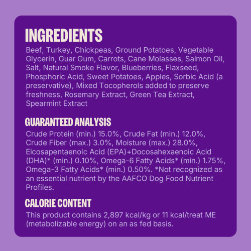 Beef, Ground Potatoes, Turkey, Vegetable Glycerin, Guar Gum, Carrots, Cane Molasses, Sunflower Lecithin, Salmon Oil, Salt, Natural Smoke Flavor, Blueberries, Flaxseed, Phosphoric Acid, Sweet Potatoes, Apples, Sorbic Acid (a preservative), Mixed Tocopherols (added to preserve freshness), Rosemary Extract, Green Tea Extract, Spearmint Extract.