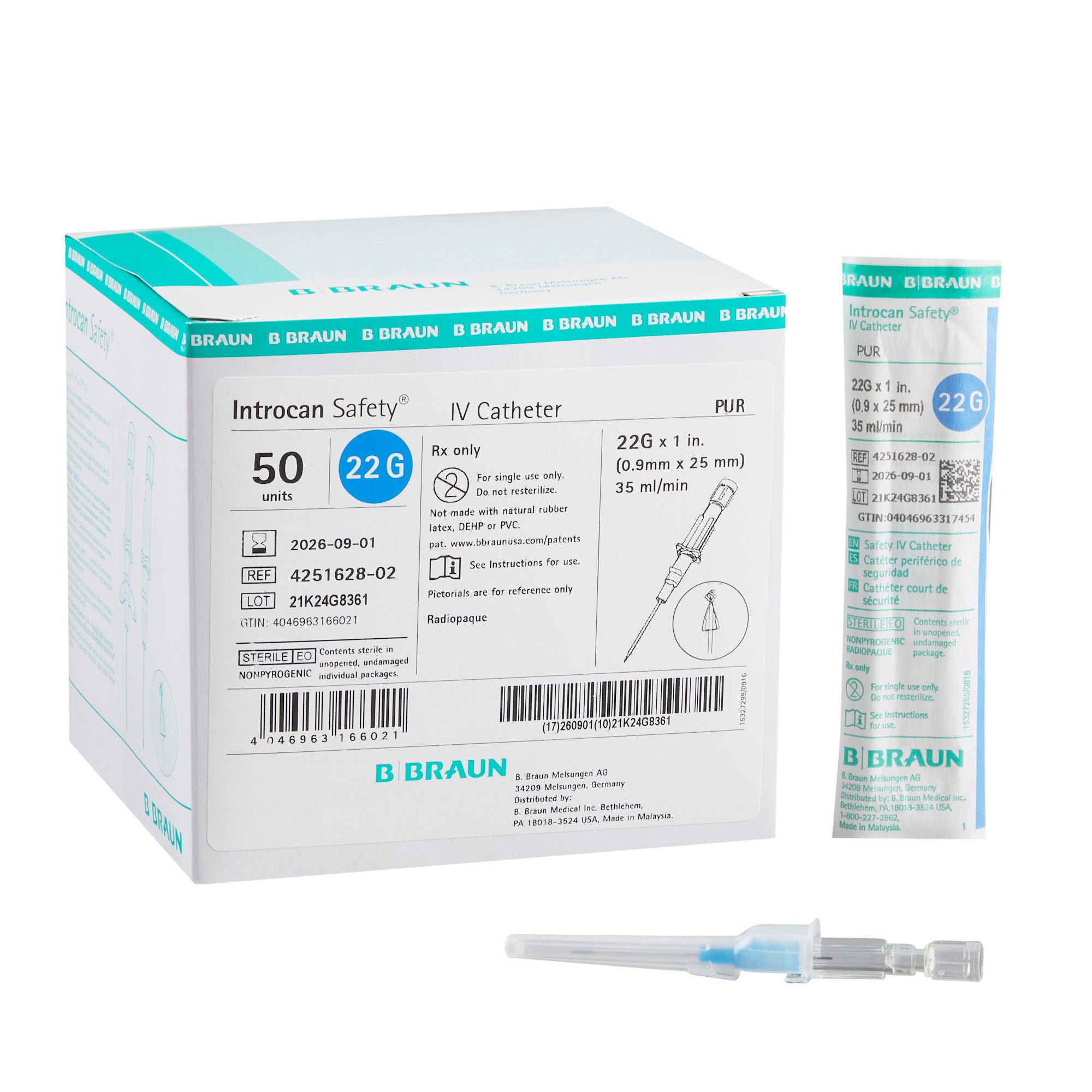Introcan Safety® Peripheral IV Catheter, 22 Gauge, Straight