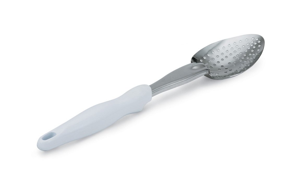 14-inch heavy-duty stainless steel perforated basting spoon with white Ergo Grip™ handle