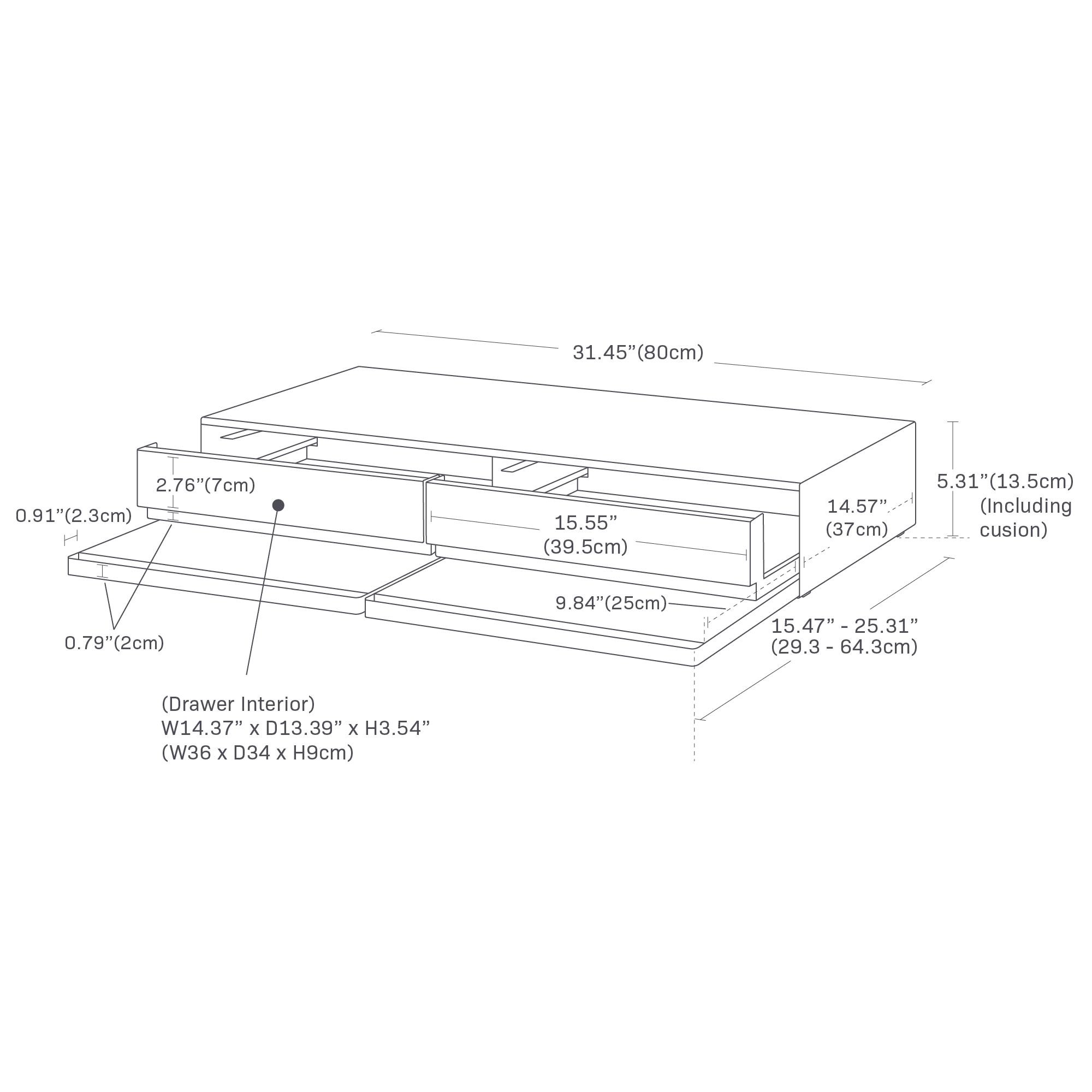 The image shows Countertop Drawer with Pull-Out Shelf - Wide by Yamazaki Home. Dimensions: total width is 31.45", height with cushion is 5.31", and depth is adjustable from 15.47" to 25.31". Drawer front is 15.55" wide and 14.57" deep. Shelf height is 0.79", top thickness is 0.91". Drawer interior measures W14.37" × D13.39" × H3.54". Base depth is 9.84", and the upper front edge depth is 2.76".