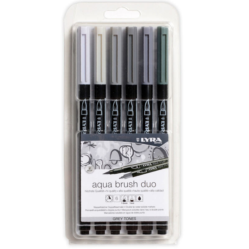 Aqua Brush Duo Dual Tip Marker Set, Gray Assorted Colors, 6 Pieces