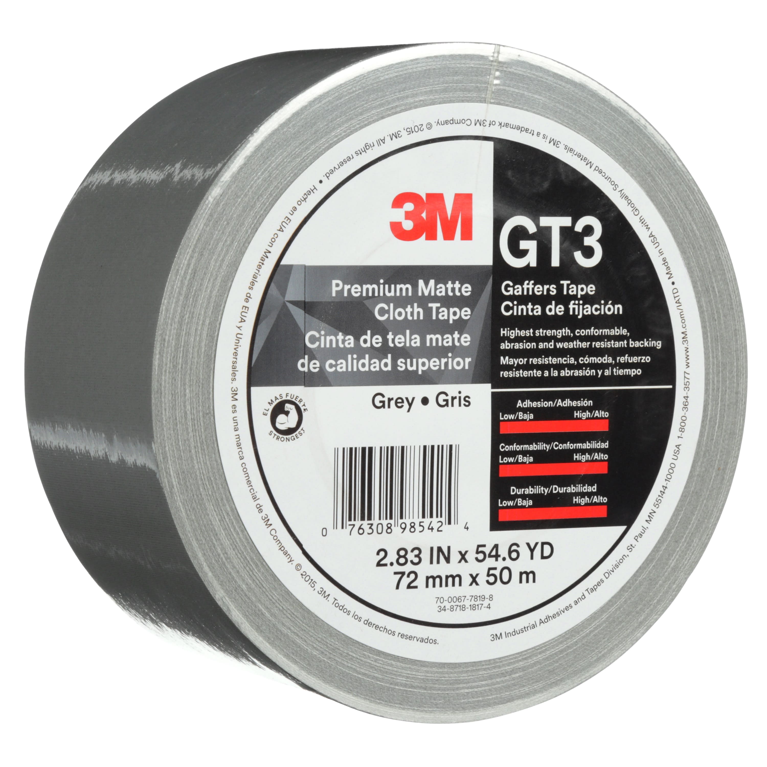 3M™ Premium Matte Cloth (Gaffers) Tape GT3, Gray, 72 mm x 50 m, 11 mil,
16 per case