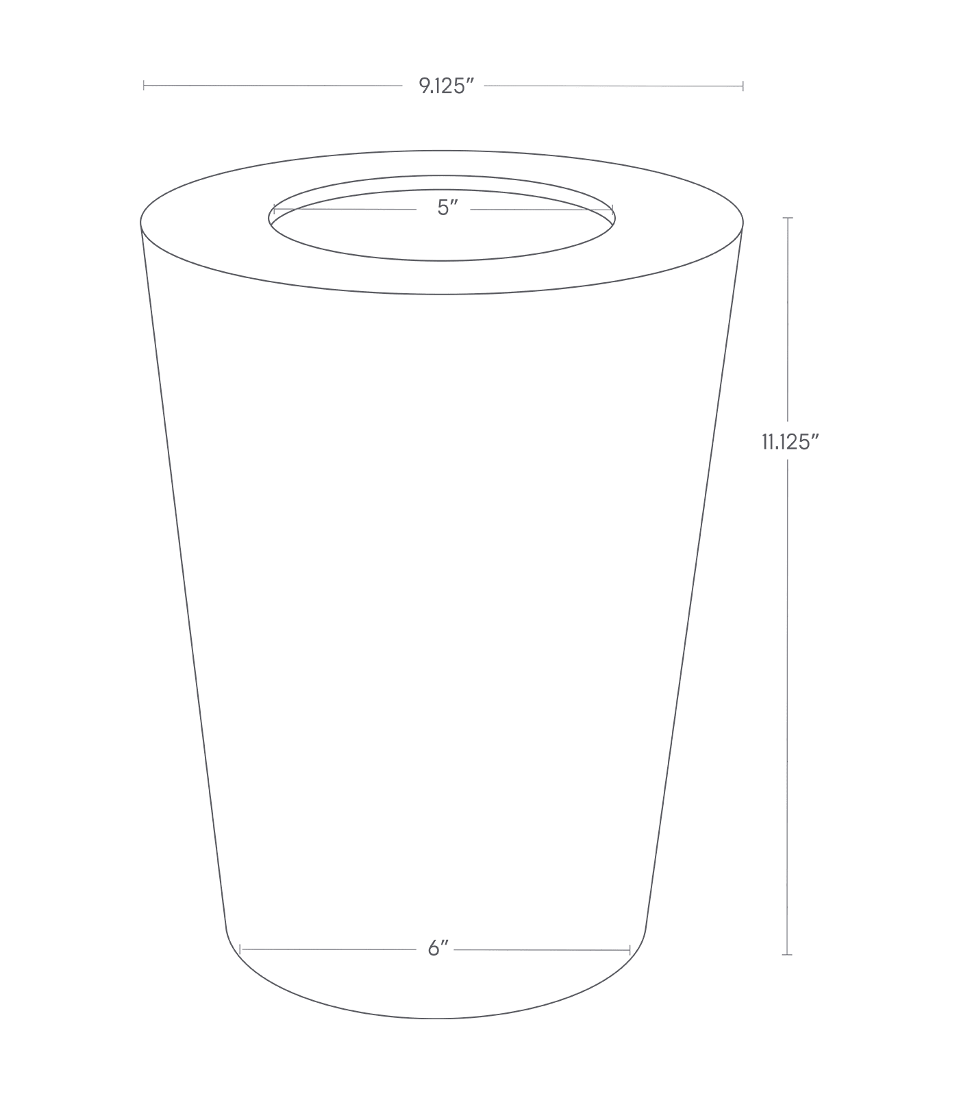 Dimension image for Trash Can - Round showing a bottom diameter of 6 inches and upper diameter of 9.125 inches. Inner diameter of 5 inches. Height of 11.125 inches.