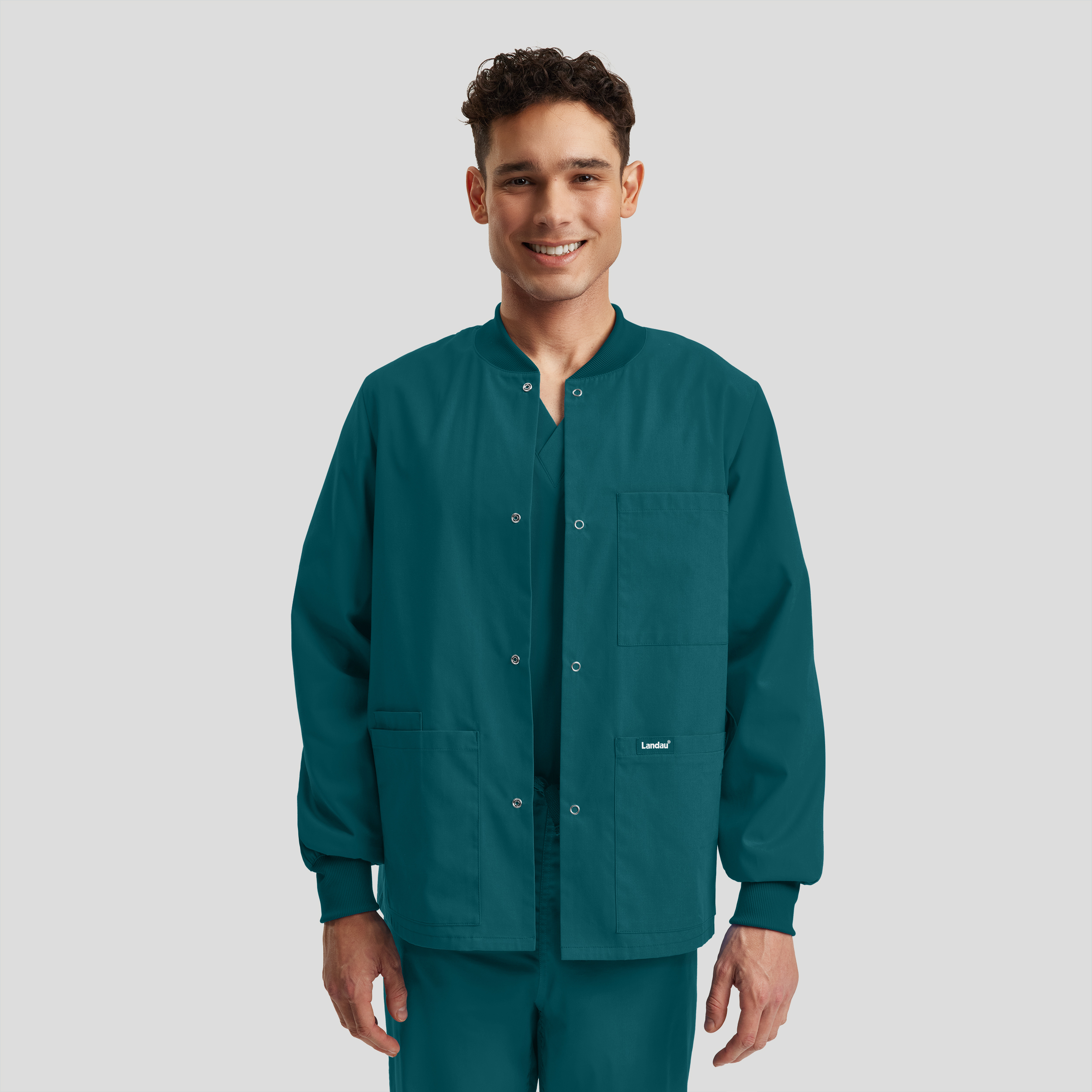 Landau Essentials LJ709 Unisex Breathable and Fade Resistant 5-Pocket Snap Front Scrub Jacket with Rib-Knit Collar and Cuffs-Landau