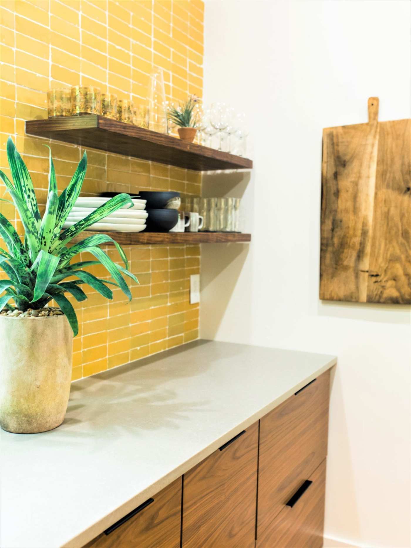 a kitchen with a yellow tiled wall and a potted plant.