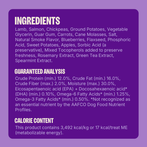 Lamb, Ground Potatoes, Salmon, Vegetable Glycerin, Guar Gum, Carrots, Cane Molasses, Sunflower Lecithin, Salt, Natural Smoke Flavor, Blueberries, Flaxseed, Phosphoric Acid, Sweet Potatoes, Apples, Sorbic Acid (a preservative), Mixed Tocopherols (added to preserve freshness), Rosemary Extract, Green Tea Extract, Spearmint Extract.