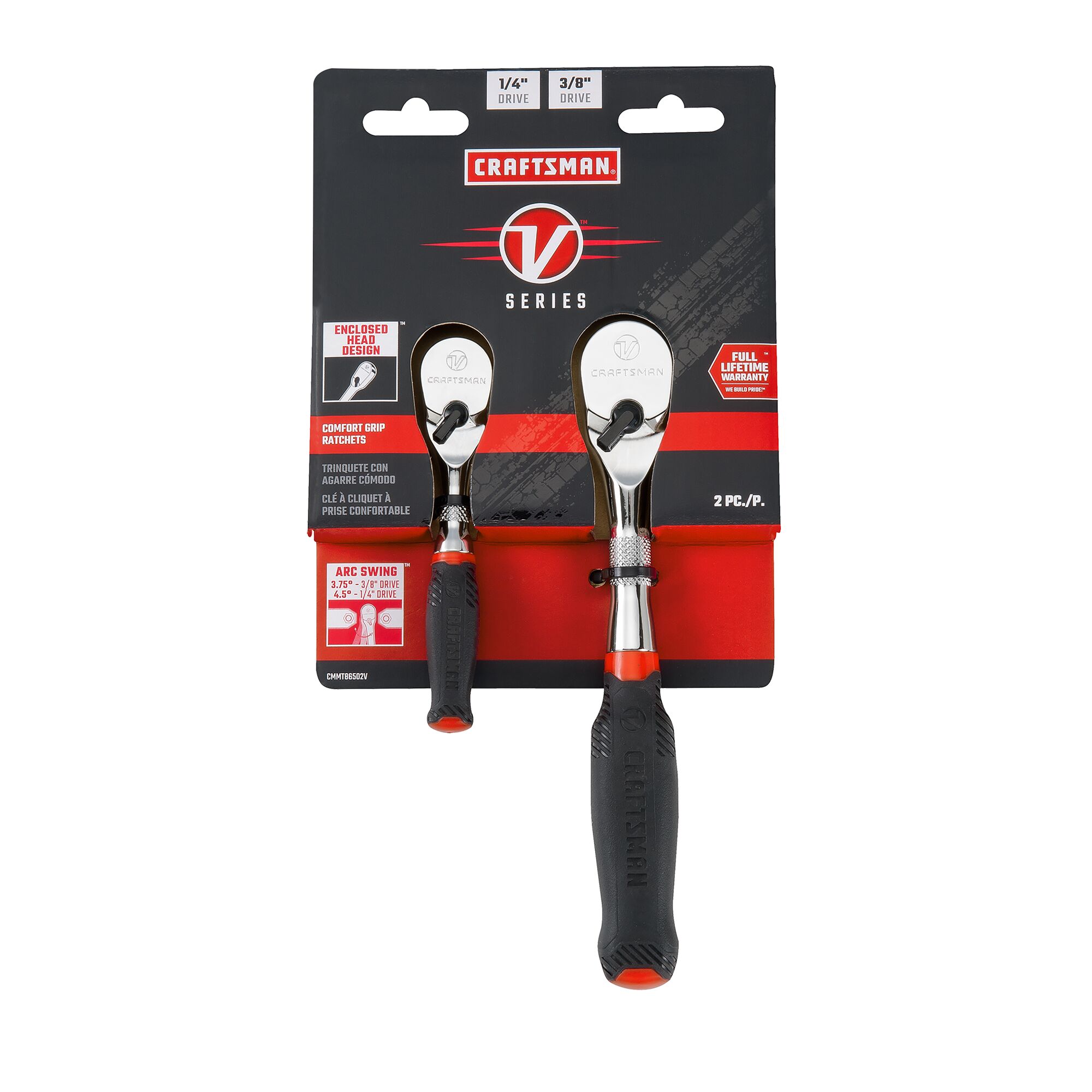 V series quarter inch and three eighth inch drive comfort grip ratchet in packaging . 2 pack