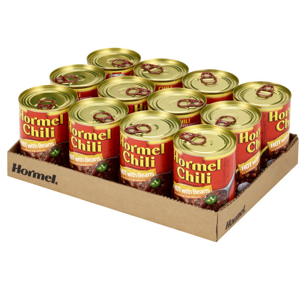 HORMEL(r) Hot Chili W/Beans, 12/15oz. . C1RM - Front Right Open Case (Hi Res)