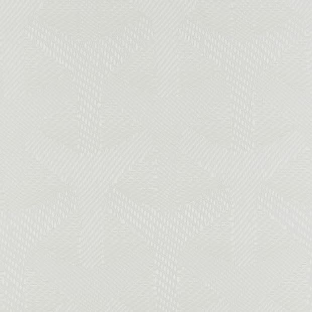 Textured wallpaper â€” pale gray-ivory with a subtle raised geometric weave pattern â€” covering a wall; appears embossed and uniform, photographed close-up under soft, diffuse indoor lighting with no furnishings.
