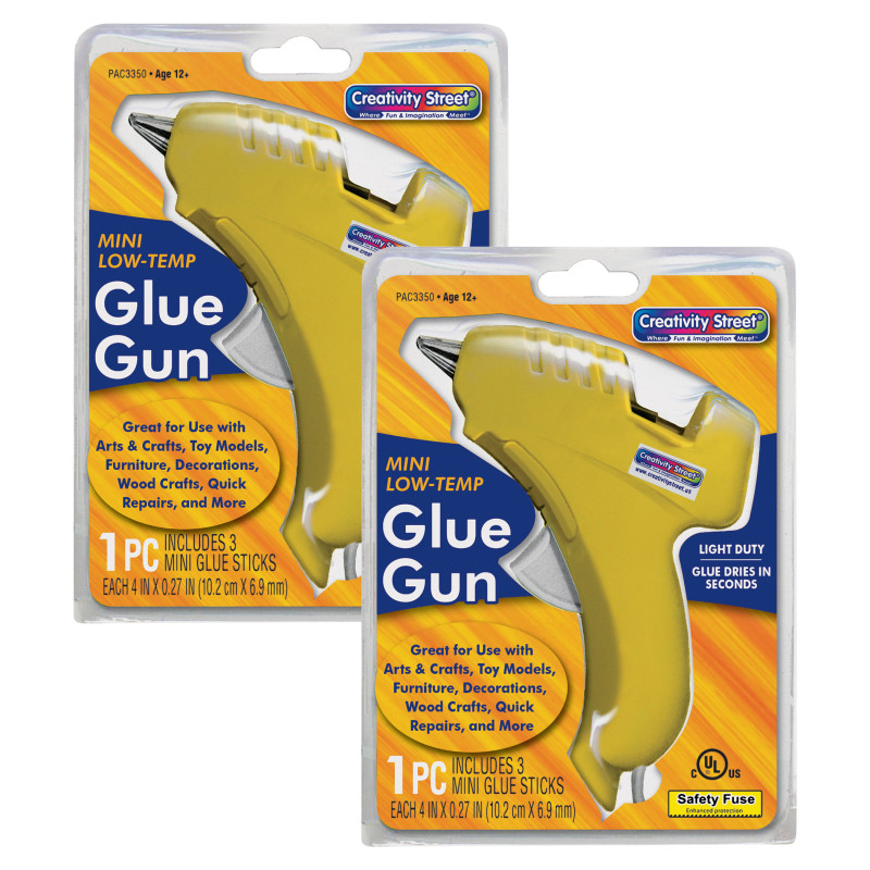 Low-Temp Mini Glue Gun, Yellow, 5.5" x 4", 1 Glue Gun + 3 Glue Sticks Per Pack, 2 Packs