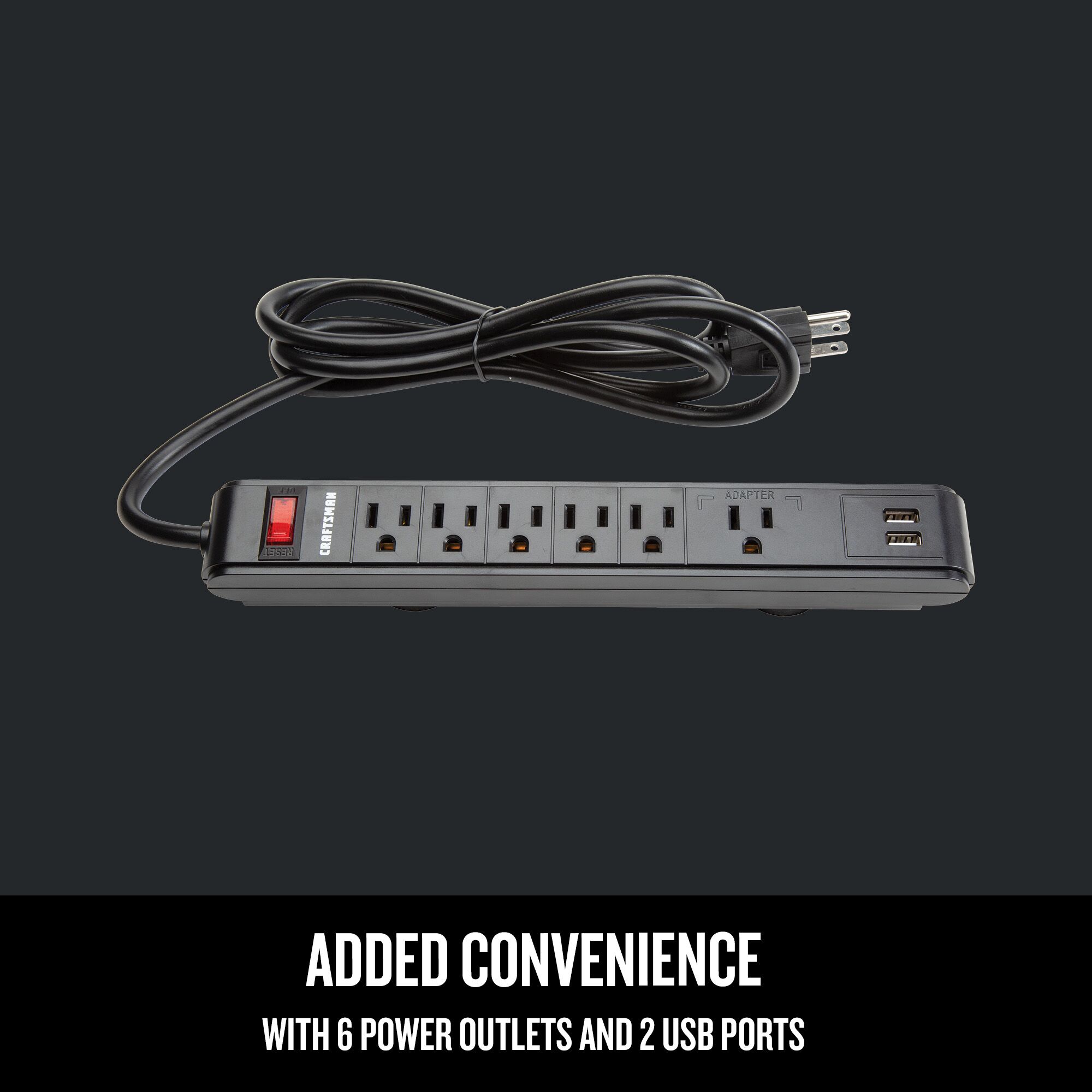 Added convenience with six power outlets and two USB ports