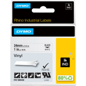 DYMO&reg; Rhino Industrial Vinyl Labels, 1", Black Print on White Tape