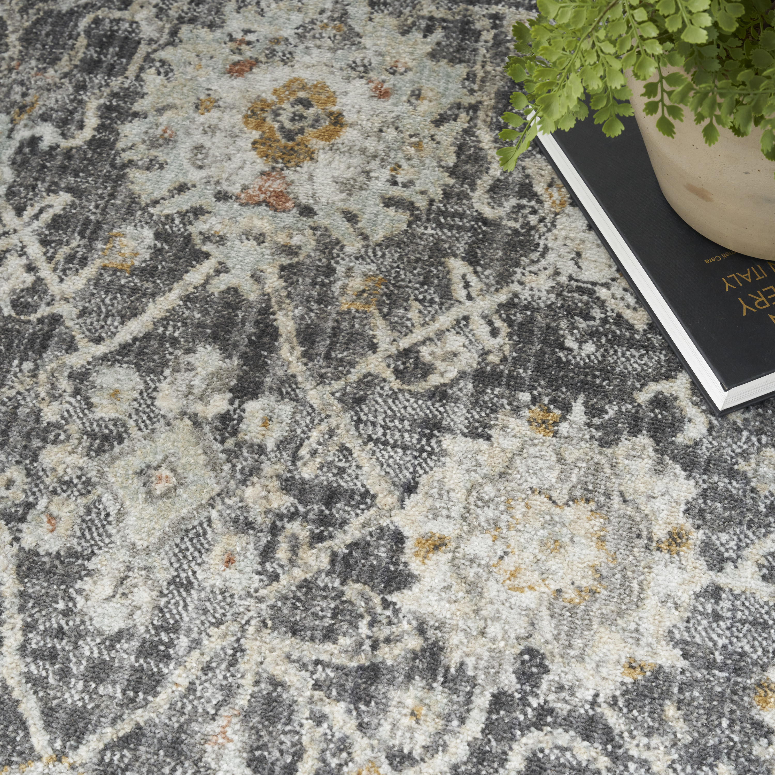 Nourison Oushak Home 4' x Round Charcoal Vintage Indoor Rug