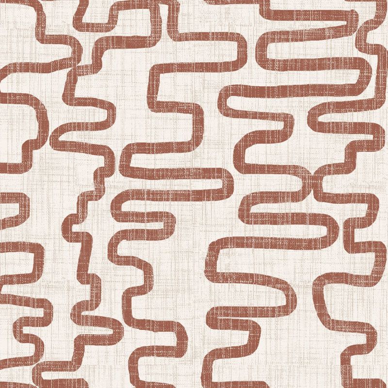 Textured beige wallpaper featuring rust-brown, irregular continuous squiggle lines; pattern repeats across the surface, printed with a distressed linen effect, shown in a close-up under even neutral lighting.