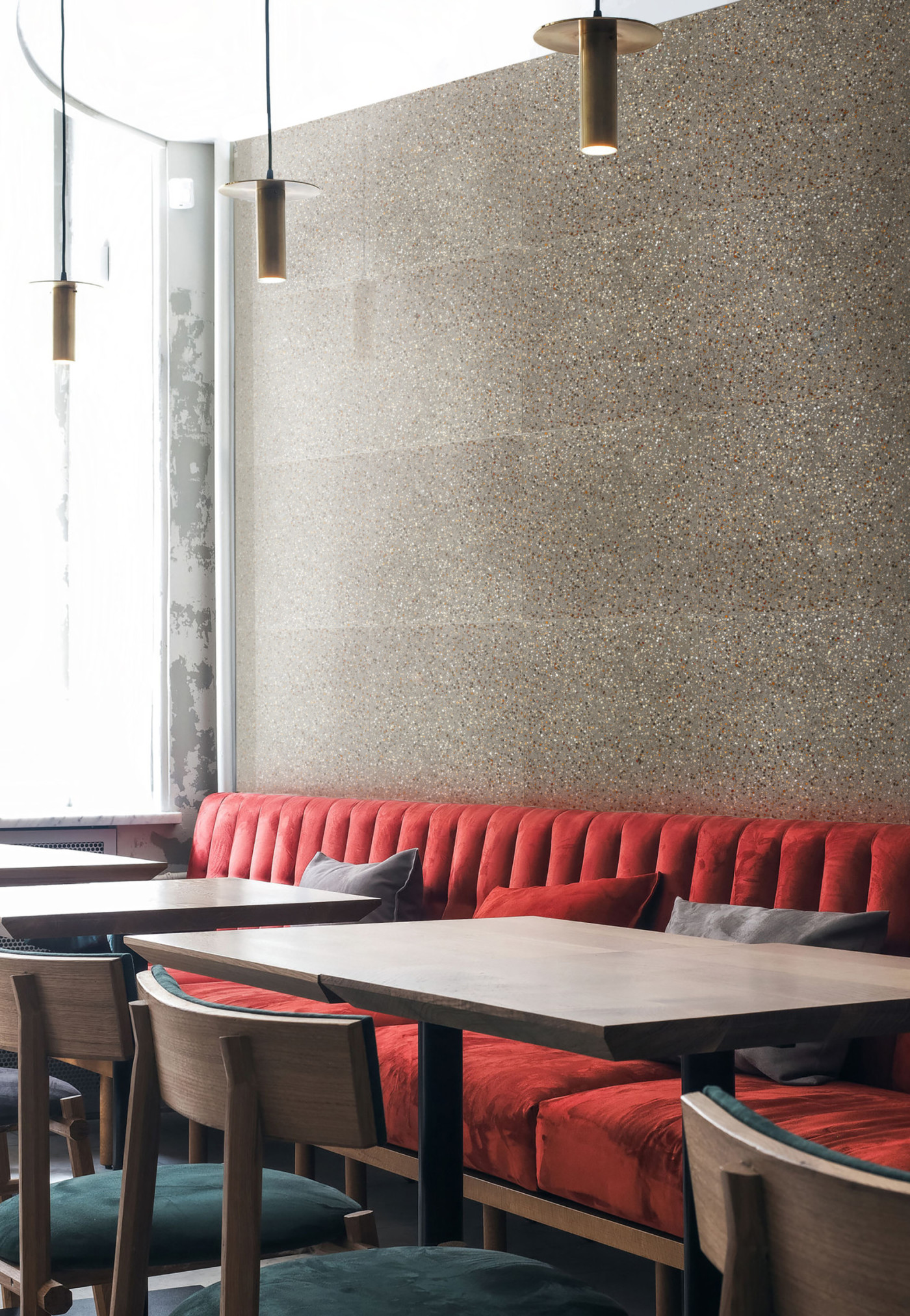 a red couch in a restaurant.