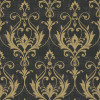 Ornate gold damask motifs—stylized leaves and scrolling flourishes—repeat symmetrically, adorning a flat, distressed charcoal wall surface, suggesting vintage, formal wallpaper in a dimly lit interior.