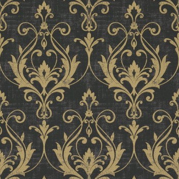 Ornate gold damask motifs—stylized leaves and scrolling flourishes—repeat symmetrically, adorning a flat, distressed charcoal wall surface, suggesting vintage, formal wallpaper in a dimly lit interior.