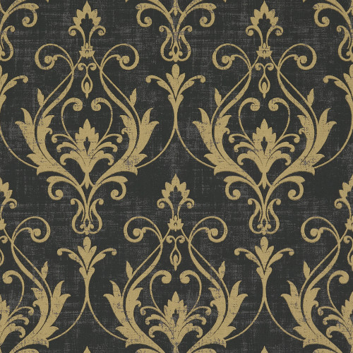 Ornate gold damask motifs—stylized leaves and scrolling flourishes—repeat symmetrically, adorning a flat, distressed charcoal wall surface, suggesting vintage, formal wallpaper in a dimly lit interior.