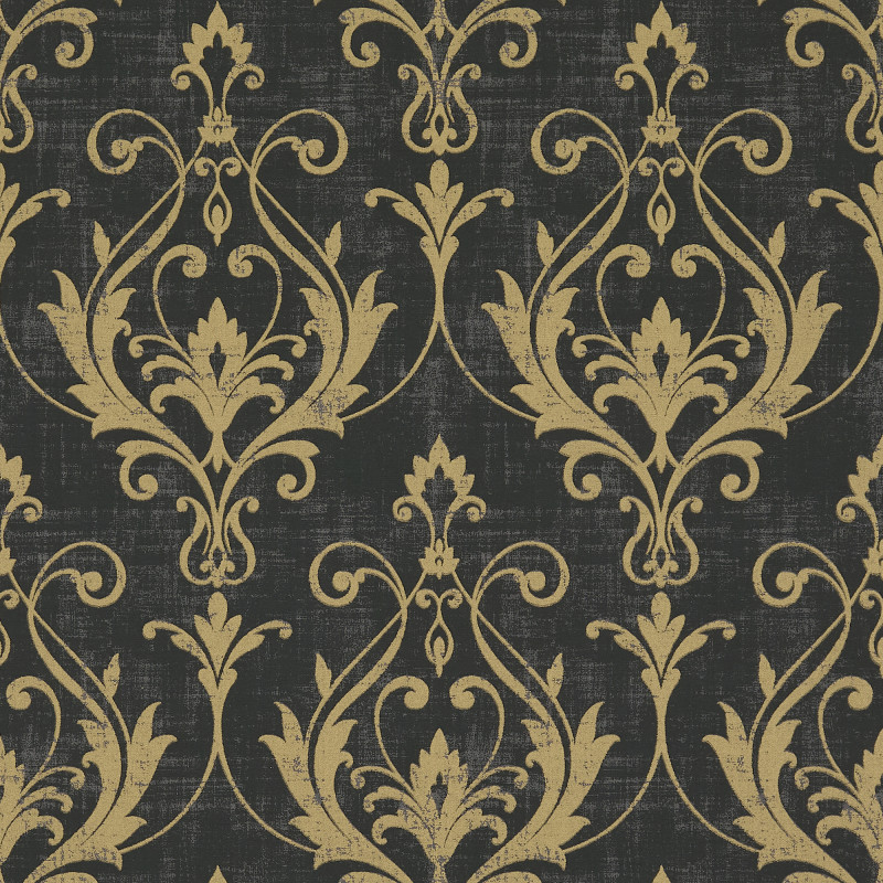 Ornate gold damask motifs—stylized leaves and scrolling flourishes—repeat symmetrically, adorning a flat, distressed charcoal wall surface, suggesting vintage, formal wallpaper in a dimly lit interior.