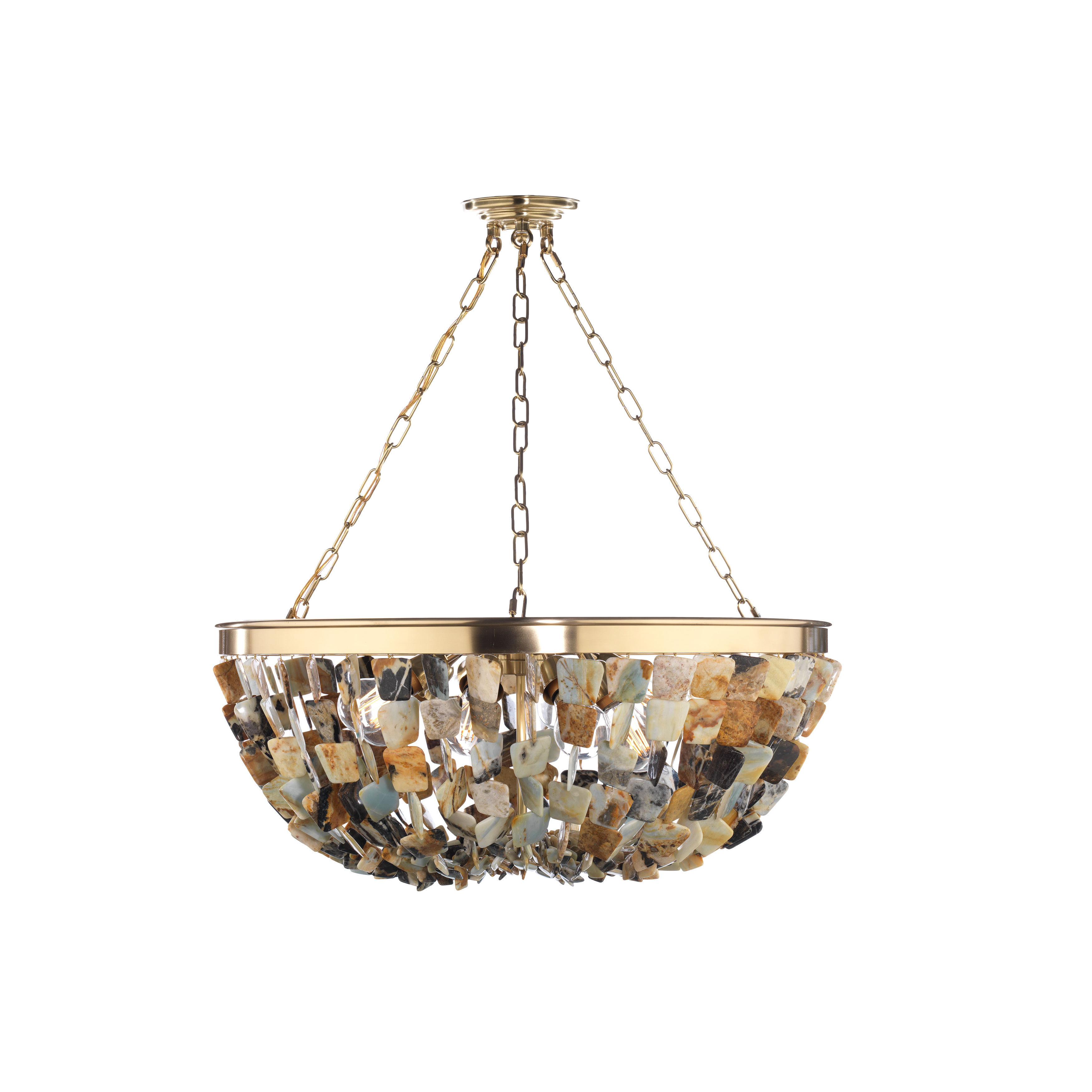 The Flotsam 8-Light Pendant combines organic beauty with contemporary design, featuring multi-color river agate stones set in a warm brass finish. This substantial fixture creates a dramatic focal point perfect for dining rooms and grand entryways. - alternate view