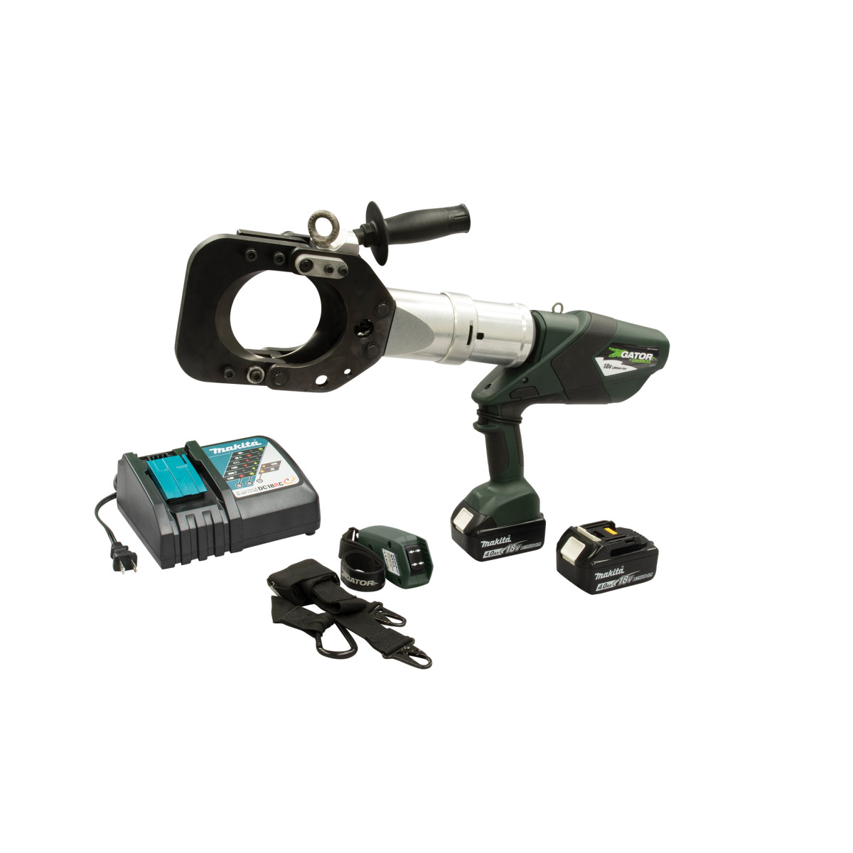 Remote control cable cutter with end position blade recognition.  Can be used in either hand held or remote configuration.  Tool comes standard with remote control (BTC3GL), rigging harness (BTC3-LH).  120v Makita charger and two 4.0Ah batteries.  Hard side metal case