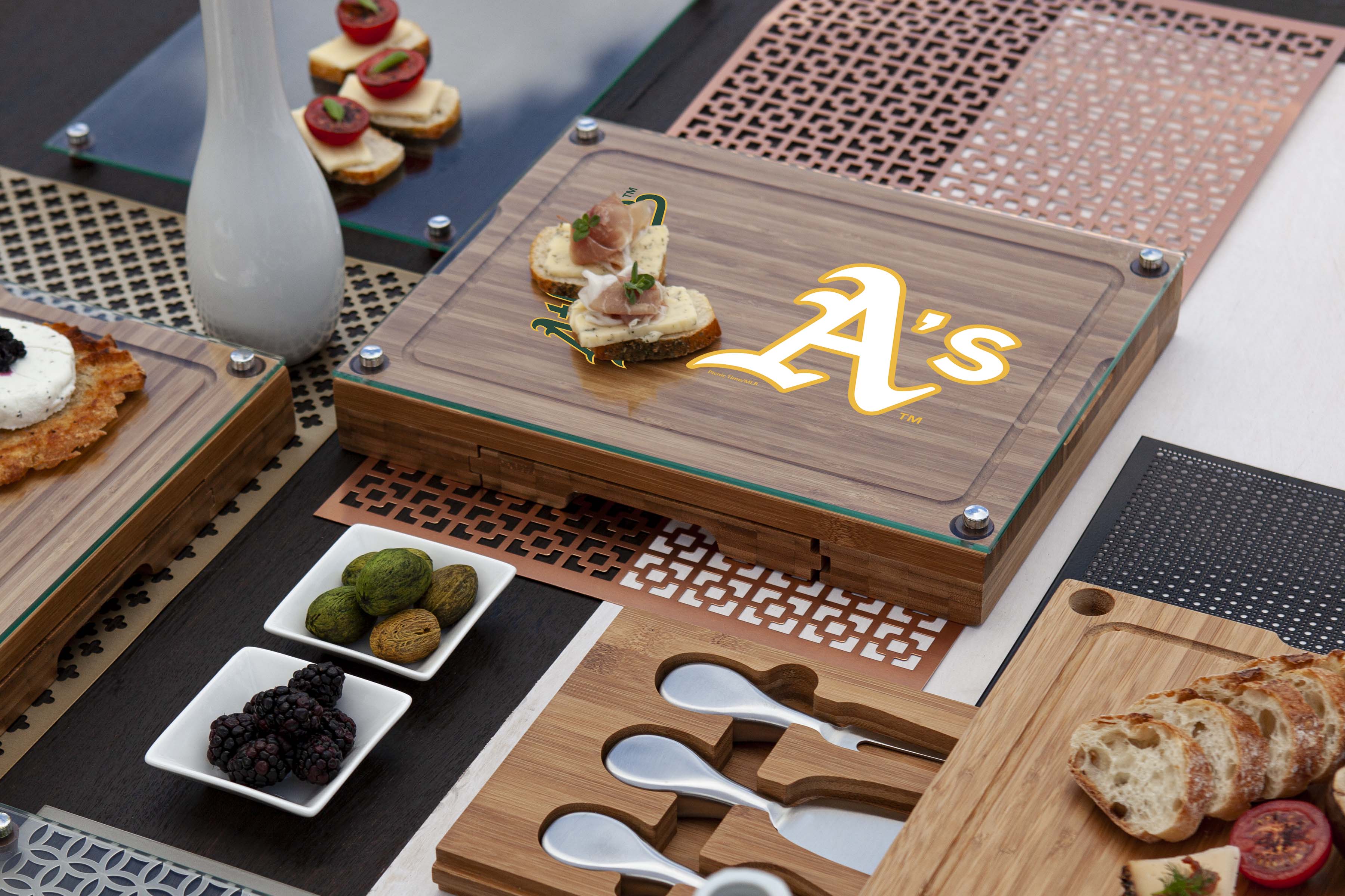 Oakland Athletics - Concerto Glass Top Cheese Cutting Board & Tools Set