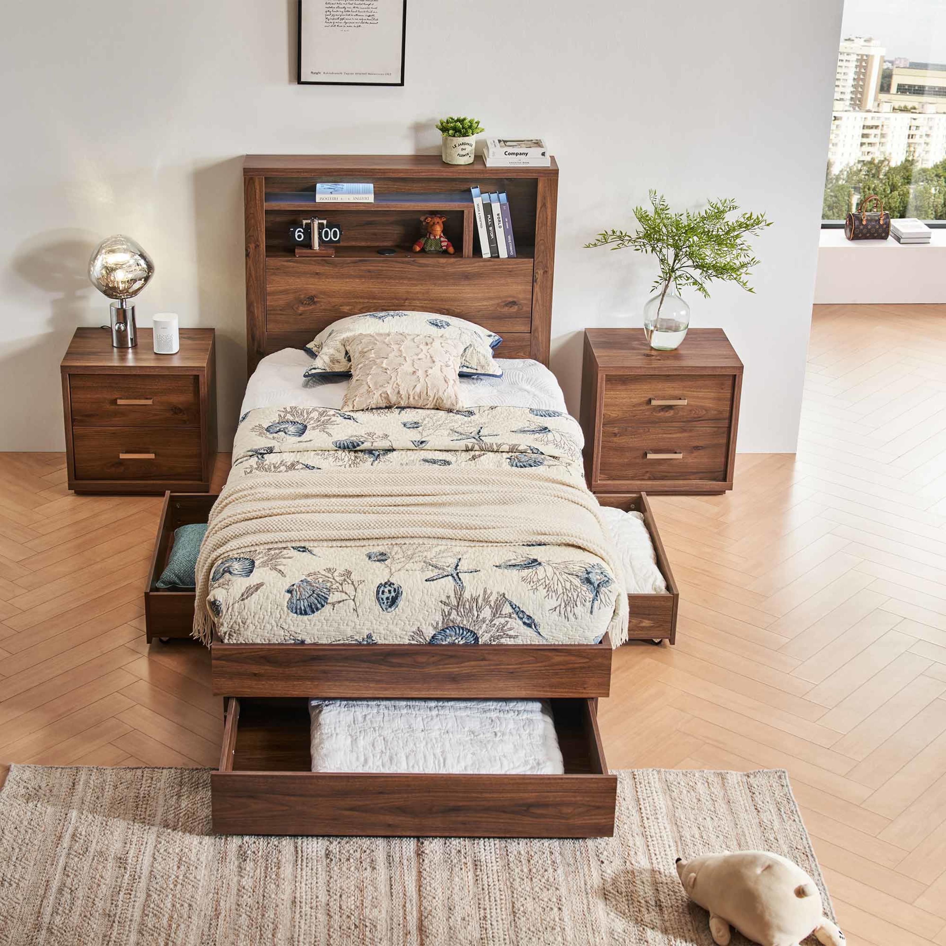Lifestyle image of the Bellevue Bed Frame, 3 Drawer Base, Rustic Walnut from Forty Winks