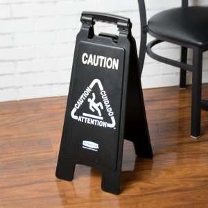Rubbermaid Commercial, Executive Series, Multilingual Caution, Wet Floor Sign, Black, 26"