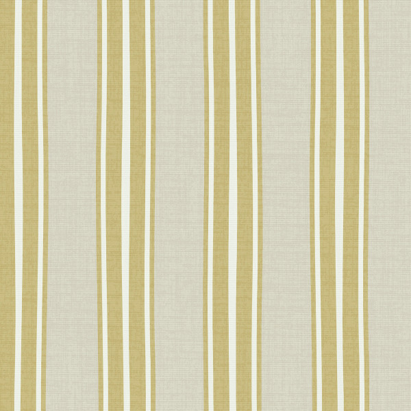 Fabric displays repeating vertical gold, cream, and narrow white stripes, aligned evenly across a neutral, linen-textured background.