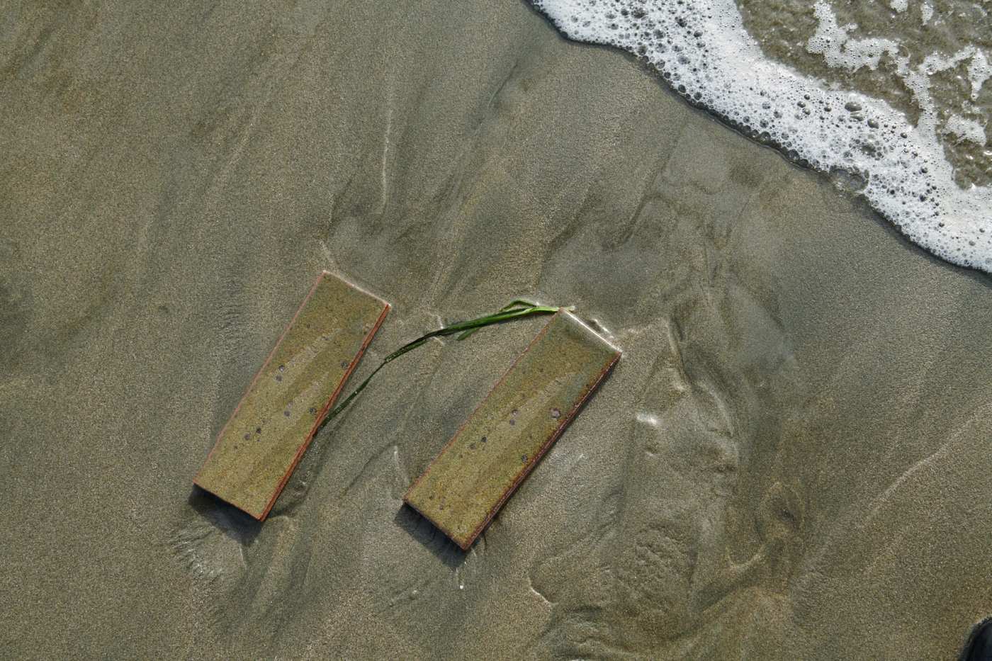 two rectangle tiles laying in the wet sand.