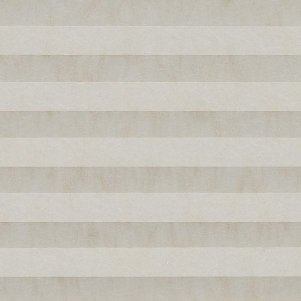 Beige pleated cellular shade, fully lowered with alternating horizontal bands and subtle texture; closed, softly diffusing daylight across a neutral interior wall.