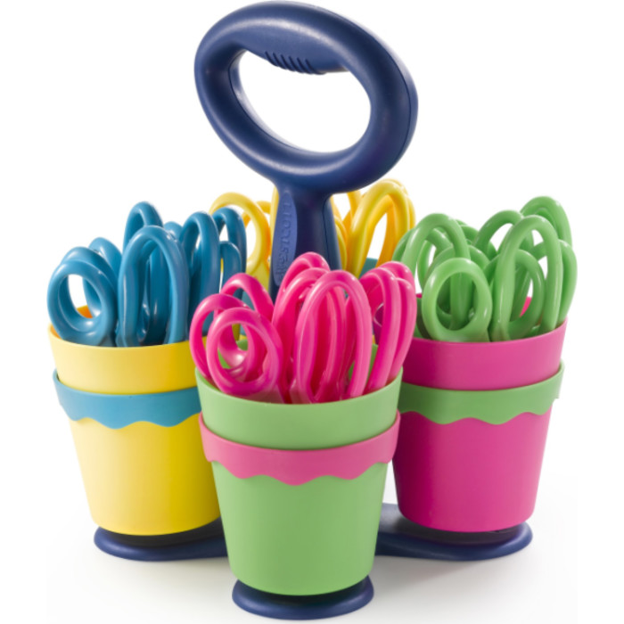 School Scissor Caddy, Pointed 5" Kids Scissors, Anti-Microbial Protection, 24 Scissors