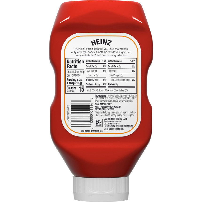  Heinz Tomato Ketchup Sweetened Only with Honey, 31 oz Bottle 