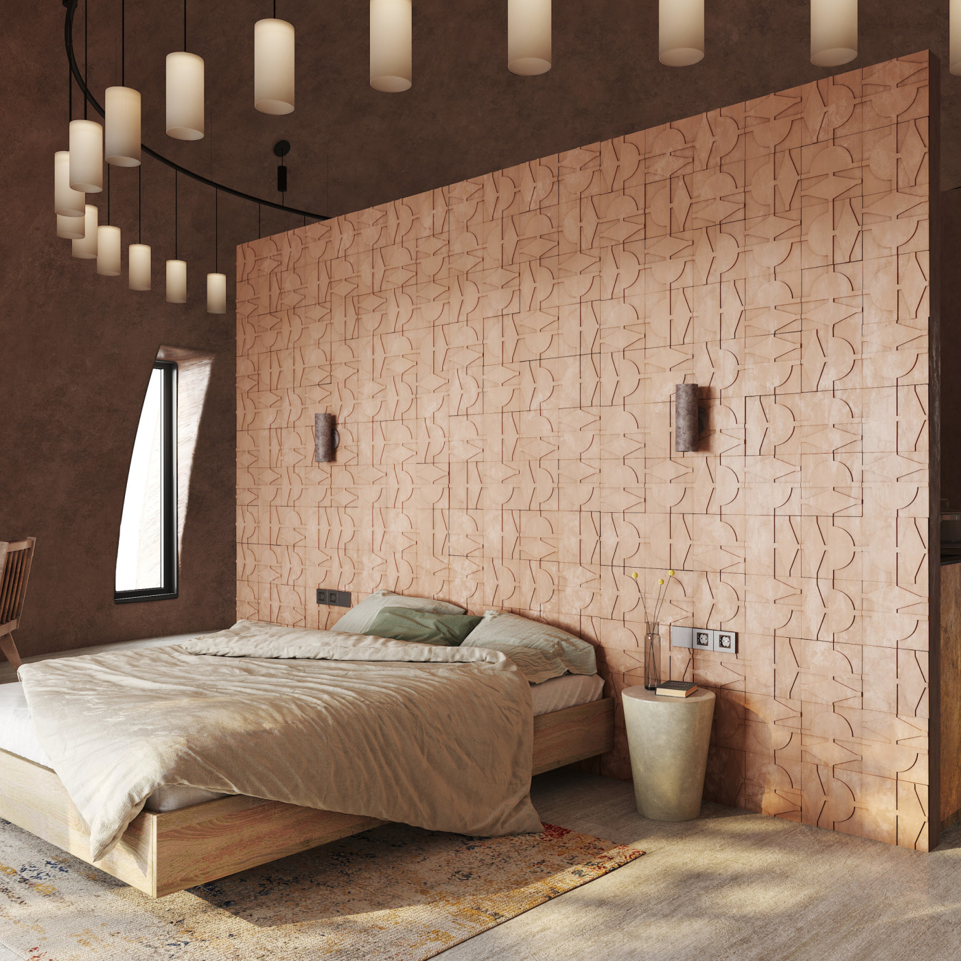 a bedroom with a bed and tiled wall.