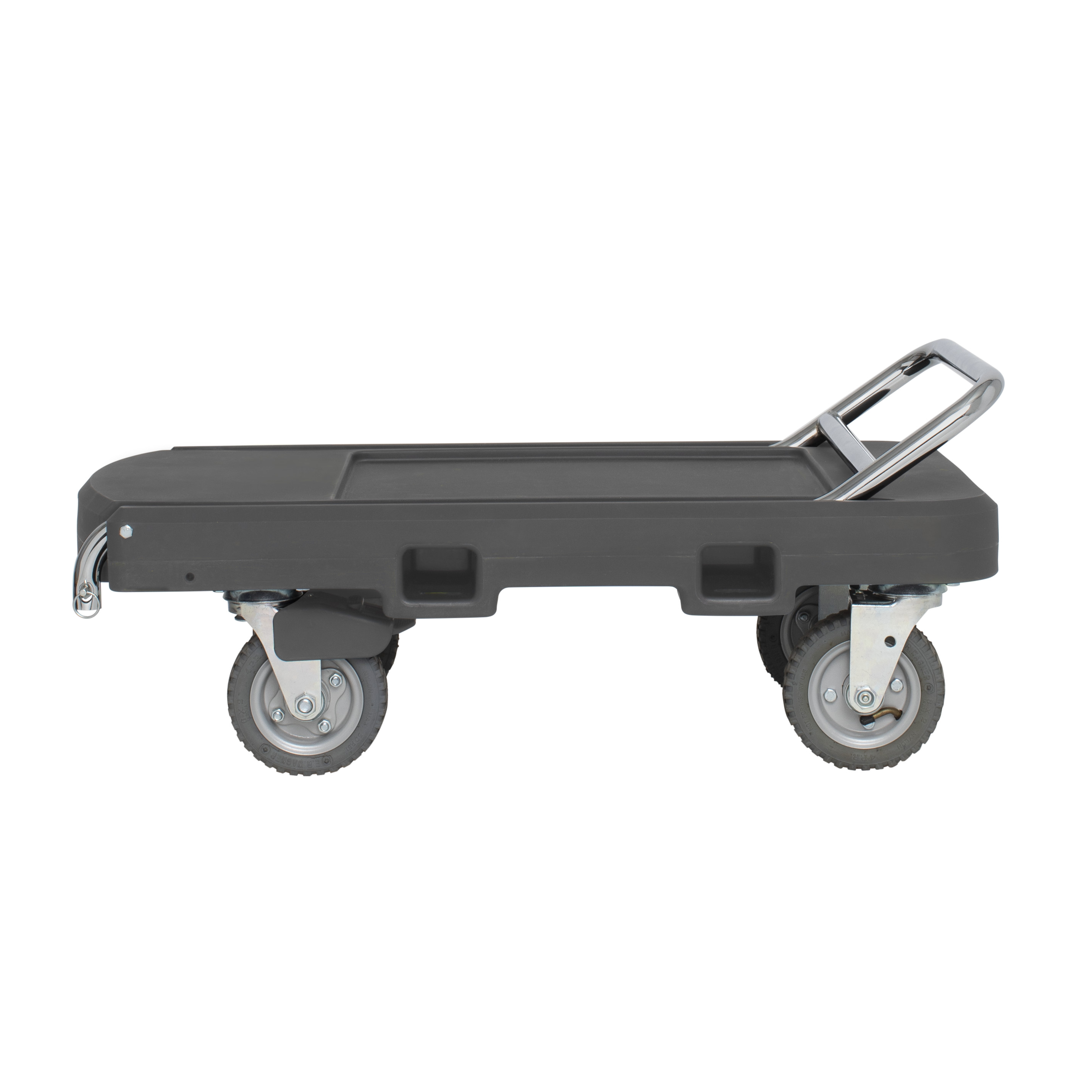 Flatbed utility dolly in dark gray with 6” pneumatic wheels, straps and