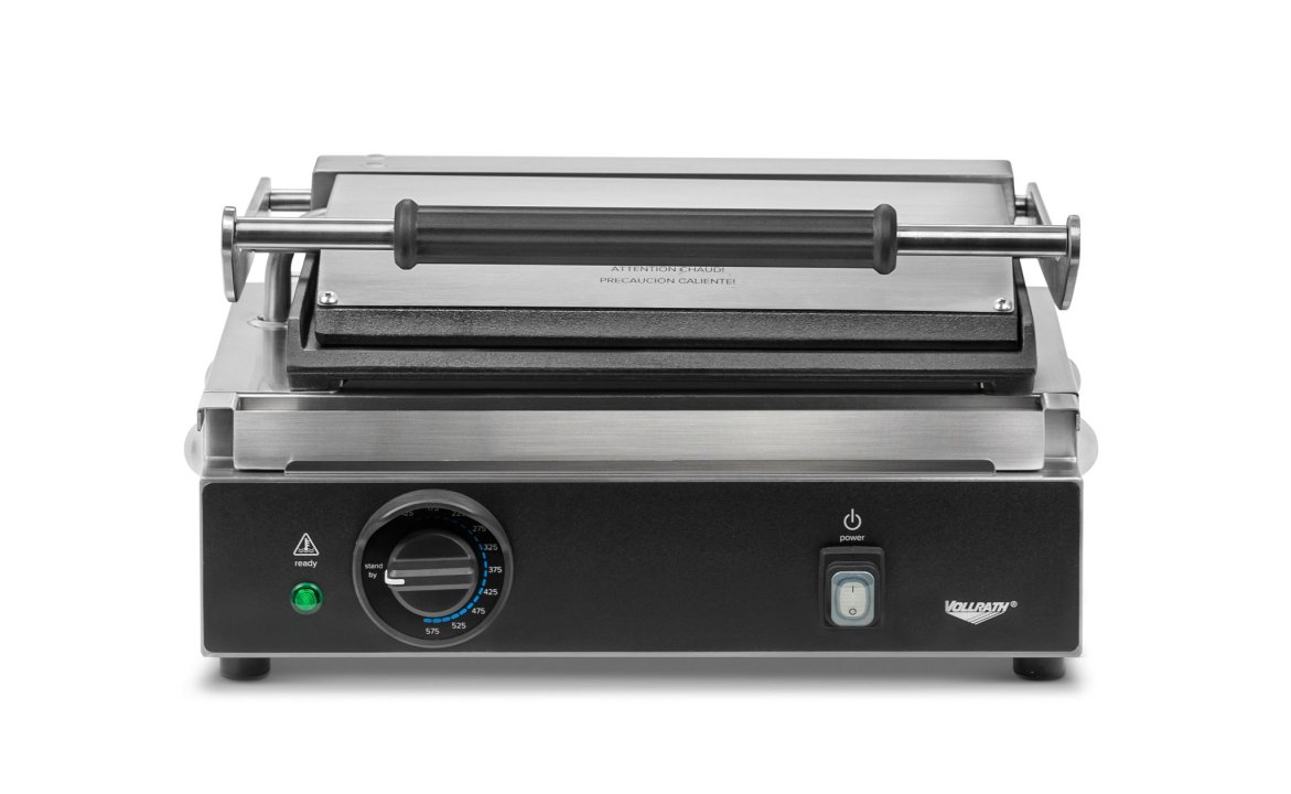 120-volt single panini sandwich grill with cast-iron flat plates and NEMA 5-15P Plug