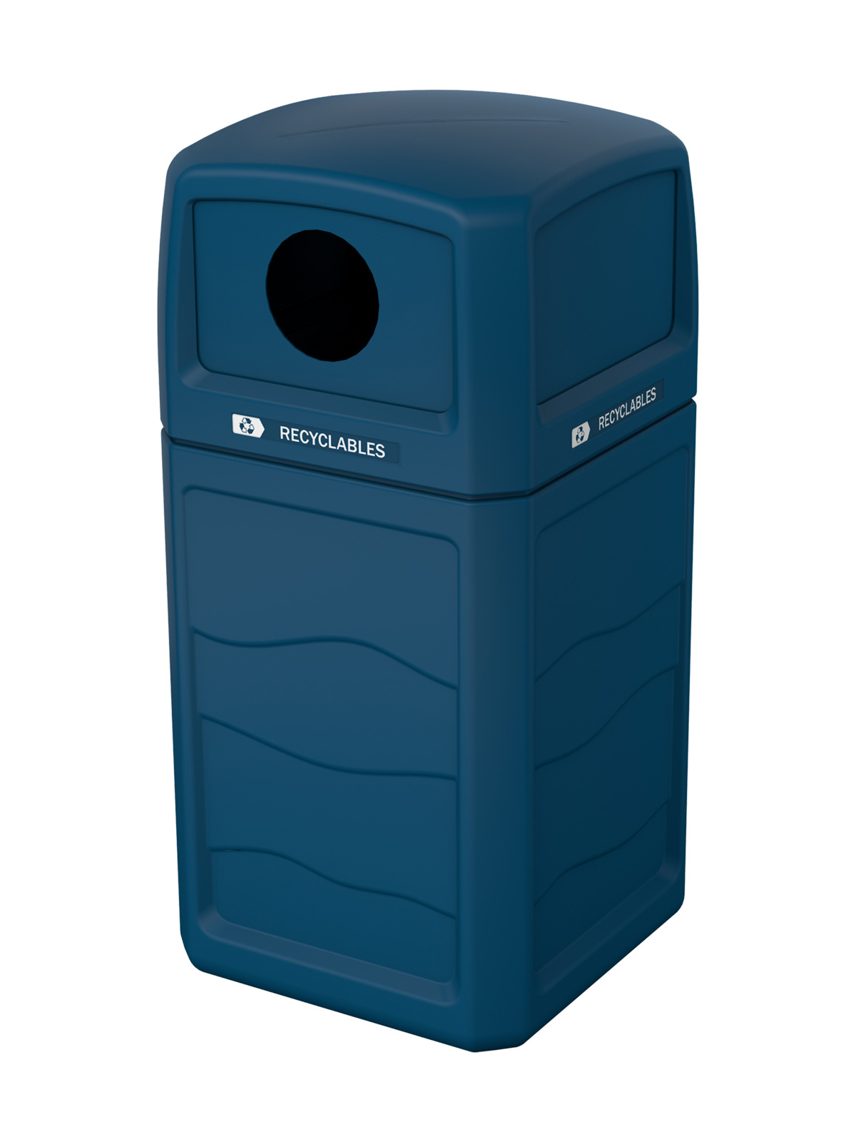 Busch Systems Renegade Series Blue Outdoor Recycling Container Front Angle with Circle Opening