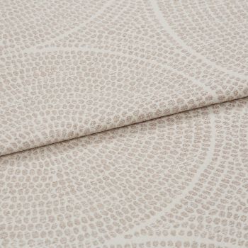 Beige textured fabric with pebbleâ€‘like raised dots and subtle curved lines; folded horizontally across the frame; close-up studio shot showing layered upholstery material in even, soft lighting.