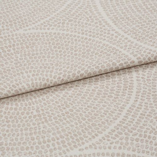 Beige textured fabric with pebble‑like raised dots and subtle curved lines; folded horizontally across the frame; close-up studio shot showing layered upholstery material in even, soft lighting.
