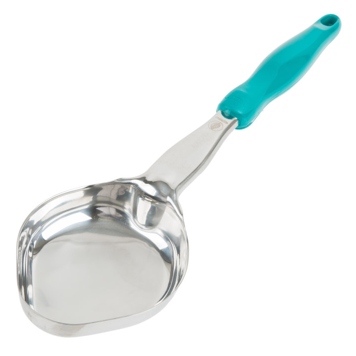 6-ounce one-piece heavy-duty stainless steel solid oval Spoodle® utensil with teal nylon handle