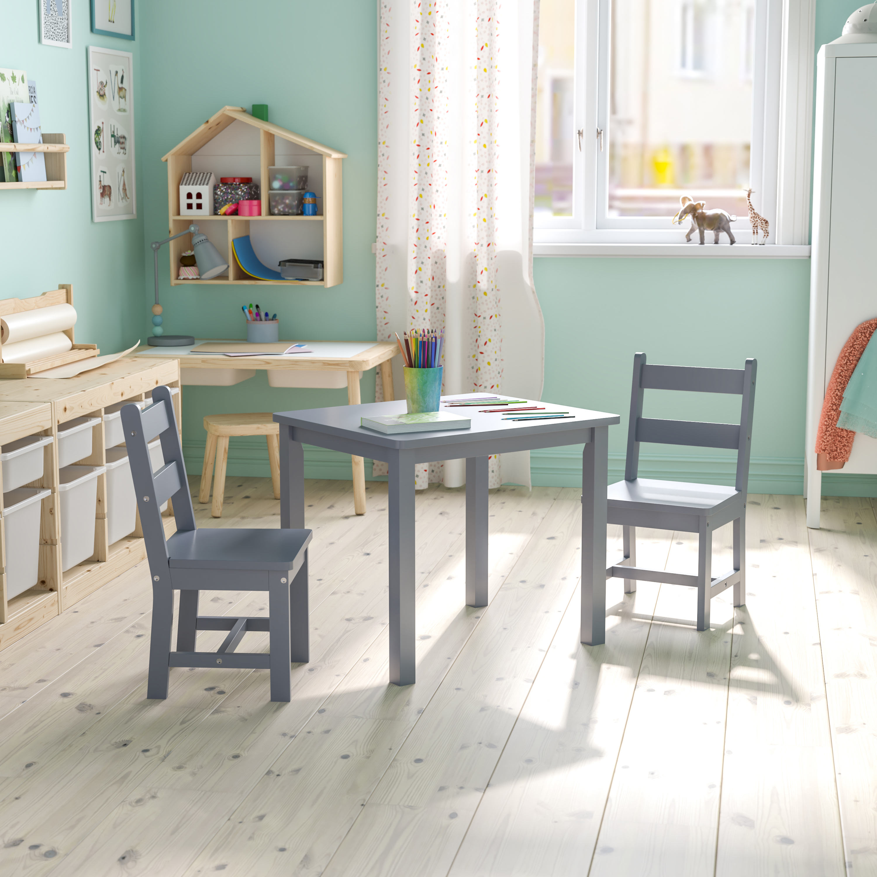 Juego de mesa y silla de madera maciza para niños de 3 piezas para sala de juegos, cocina - blanco - Imagen 14 de 37