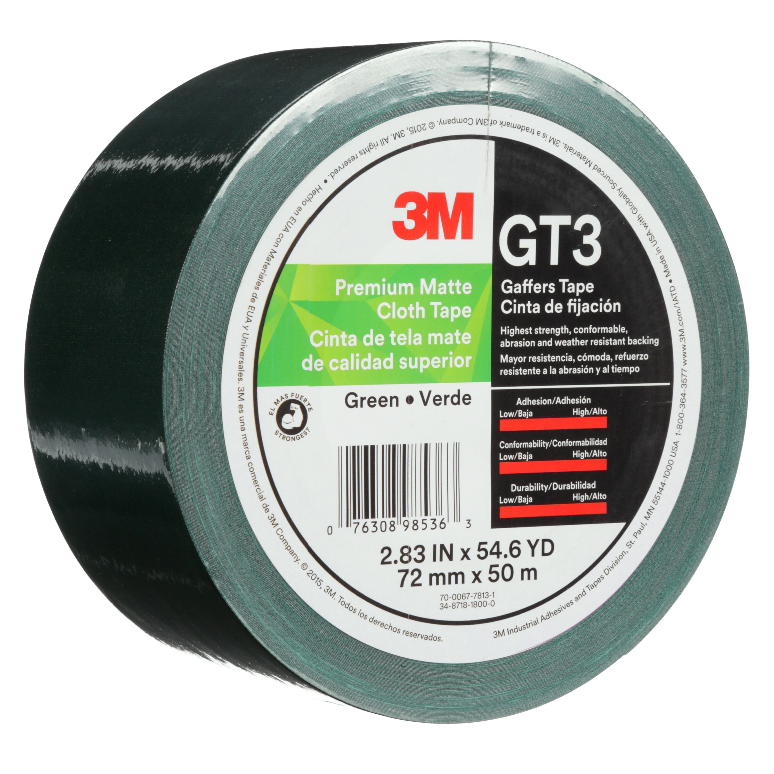 3M™ Premium Matte Cloth (Gaffers) Tape GT3, Green, 72 mm x 50 m, 11 mil,
16 per case
