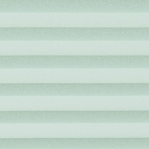 Horizontal cellular shades fill the frame, with alternating opaque and semi-sheer pale mint bands; they filter soft, diffuse light, suggesting a minimally furnished, evenly lit interior.